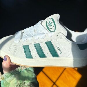Adidas Campus Suede Sneaker in Off-White with Green Stripes